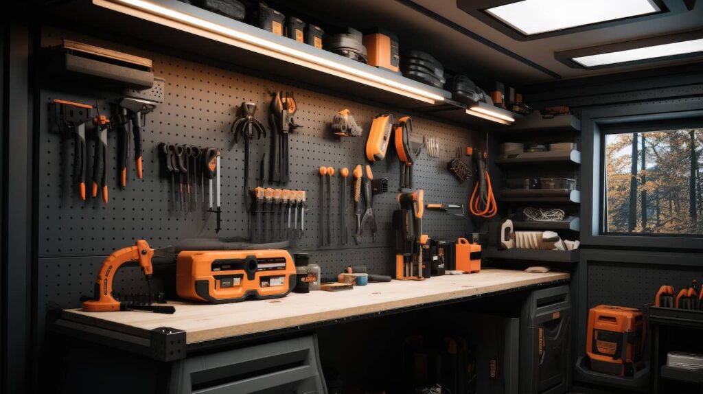 Garden shed example with various storage options implemented. 