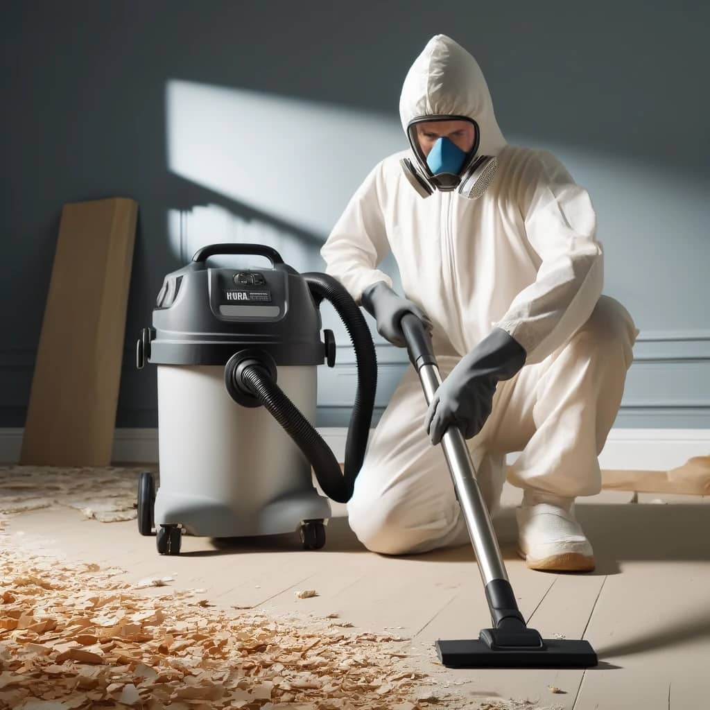 Person using a HEPA vacuum and protective gear to clean up lead paint after painting over it with new paint. 