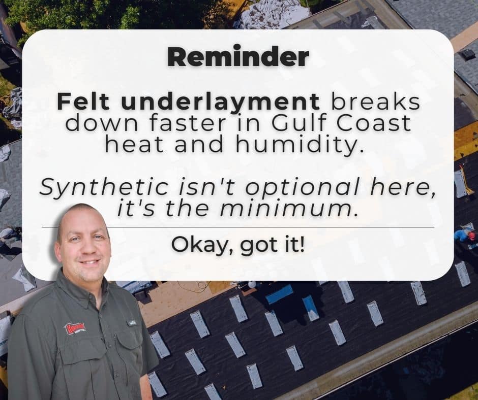gulf coast roofing underlayment minimum standards