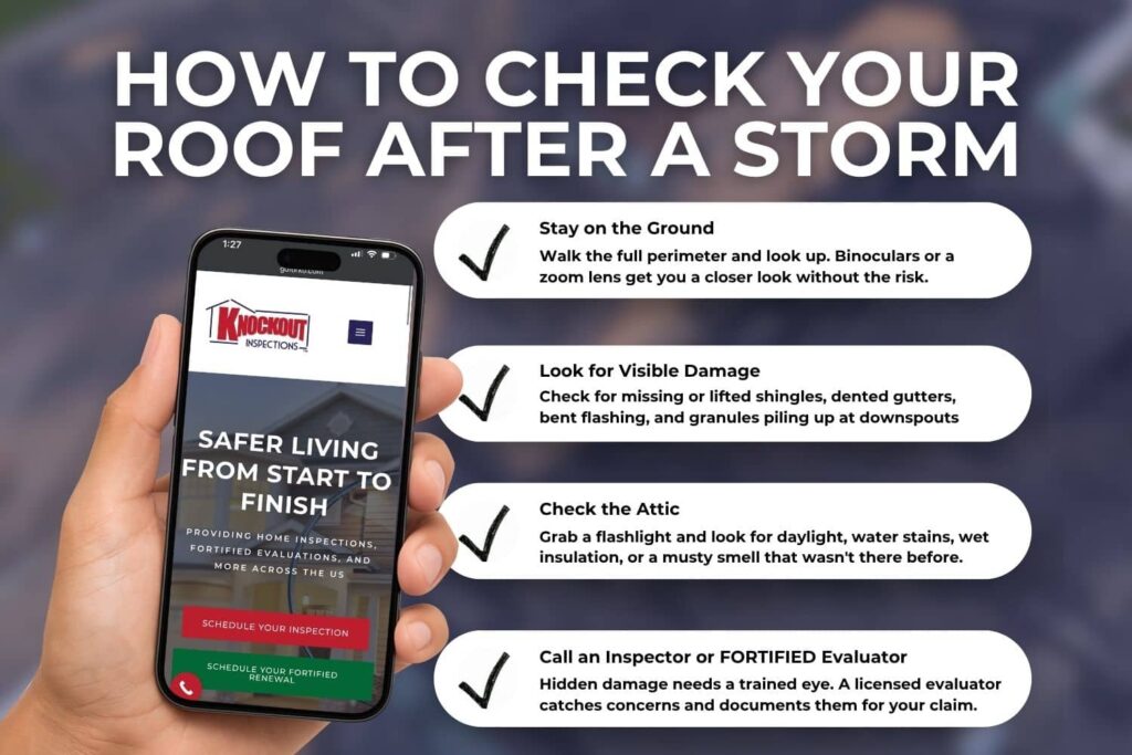 An infographic titled "How to Check Your Roof After a Storm" detailing essential steps to identify roof storm damage, such as checking the attic for leaks and looking for missing shingles from the ground. The image includes a hand holding a smartphone displaying the Knockout Inspections website, emphasizing the importance of calling a professional evaluator for an insurance claim.