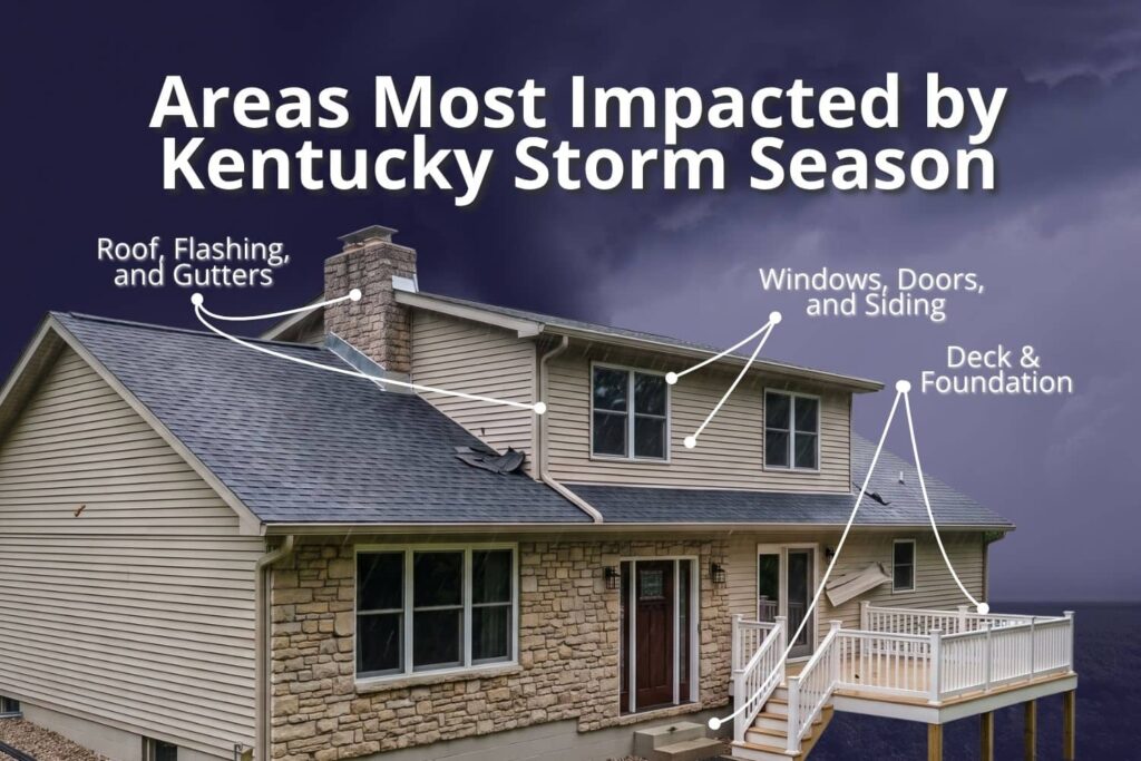 Diagram of a Kentucky home showing areas most impacted by storm season: roof and gutters, windows and siding, and deck and foundation