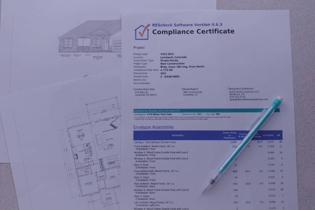 REScheck compliance certificate showing project details and envelope assemblies with R-values and U-factors, on top of house plans