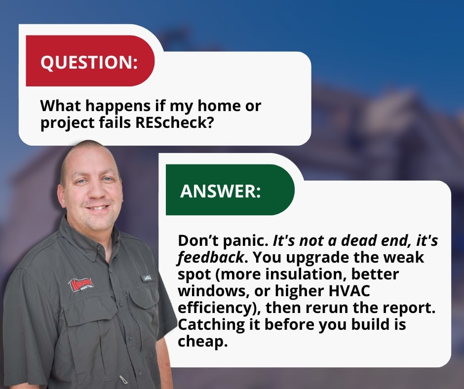 Q&A on what happens if a project fails REScheck: upgrade insulation, windows, or HVAC and rerun the compliance report