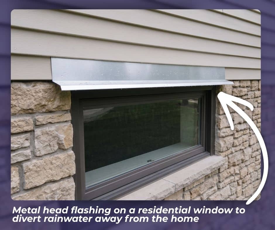 Metal head flashing installed above a residential window to divert rainwater away from the frame and home