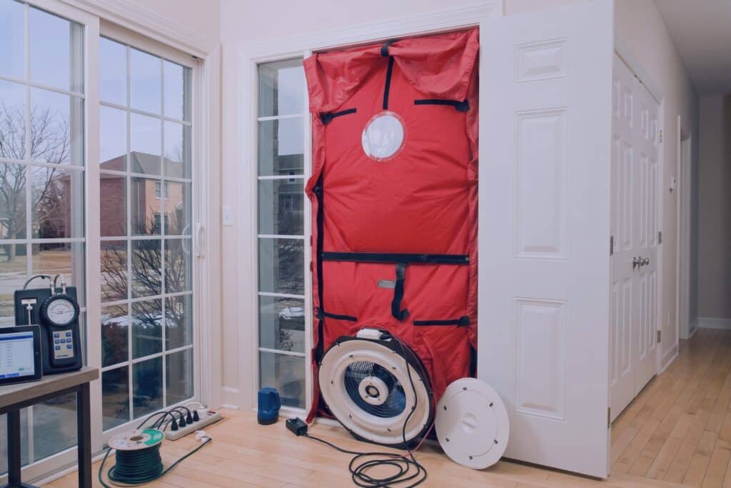 Blower door fan and pressure gauges set up in a doorway during a home energy assessment