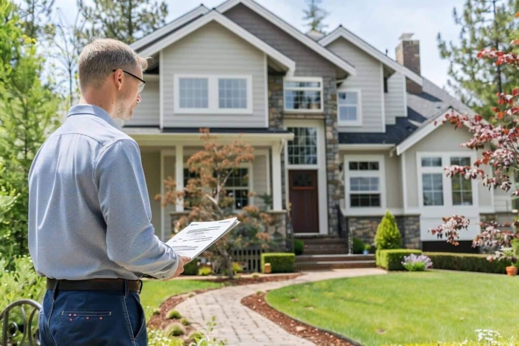 Home inspector holding clipboard in front of a modern suburban home.
