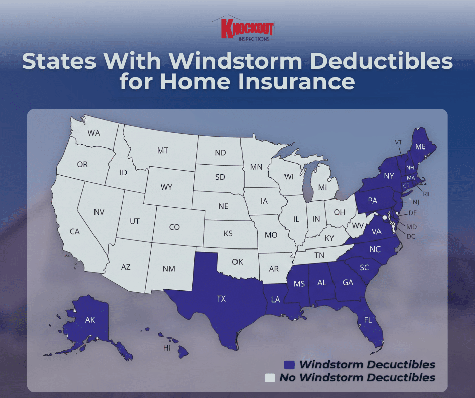 US map highlighting the 19 states with windstorm deductibles for home insurance, including Mississippi