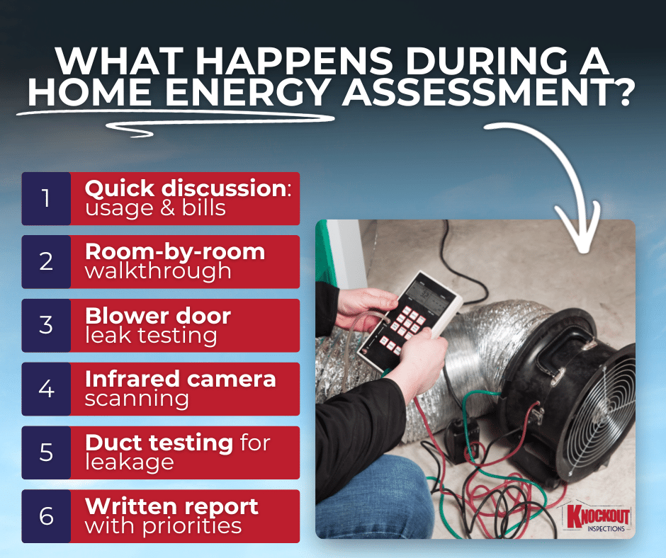 Six steps of a home energy assessment, from bill review to blower door and duct testing to the written report