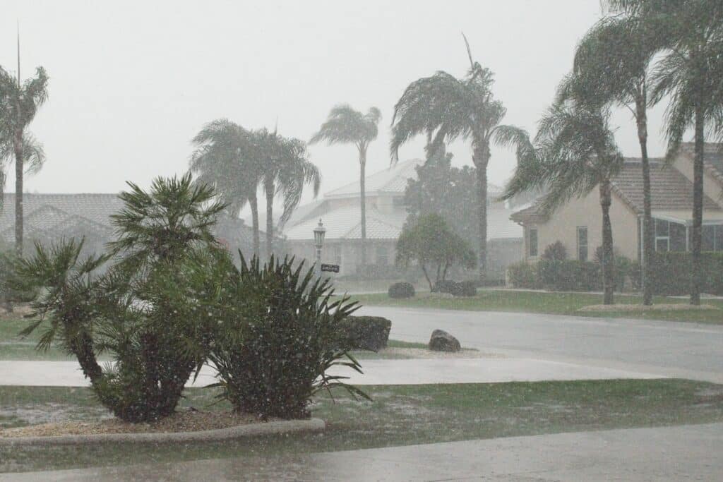 Severe hurricane rain and high winds blowing through a Pensacola, FL residential neighborhood