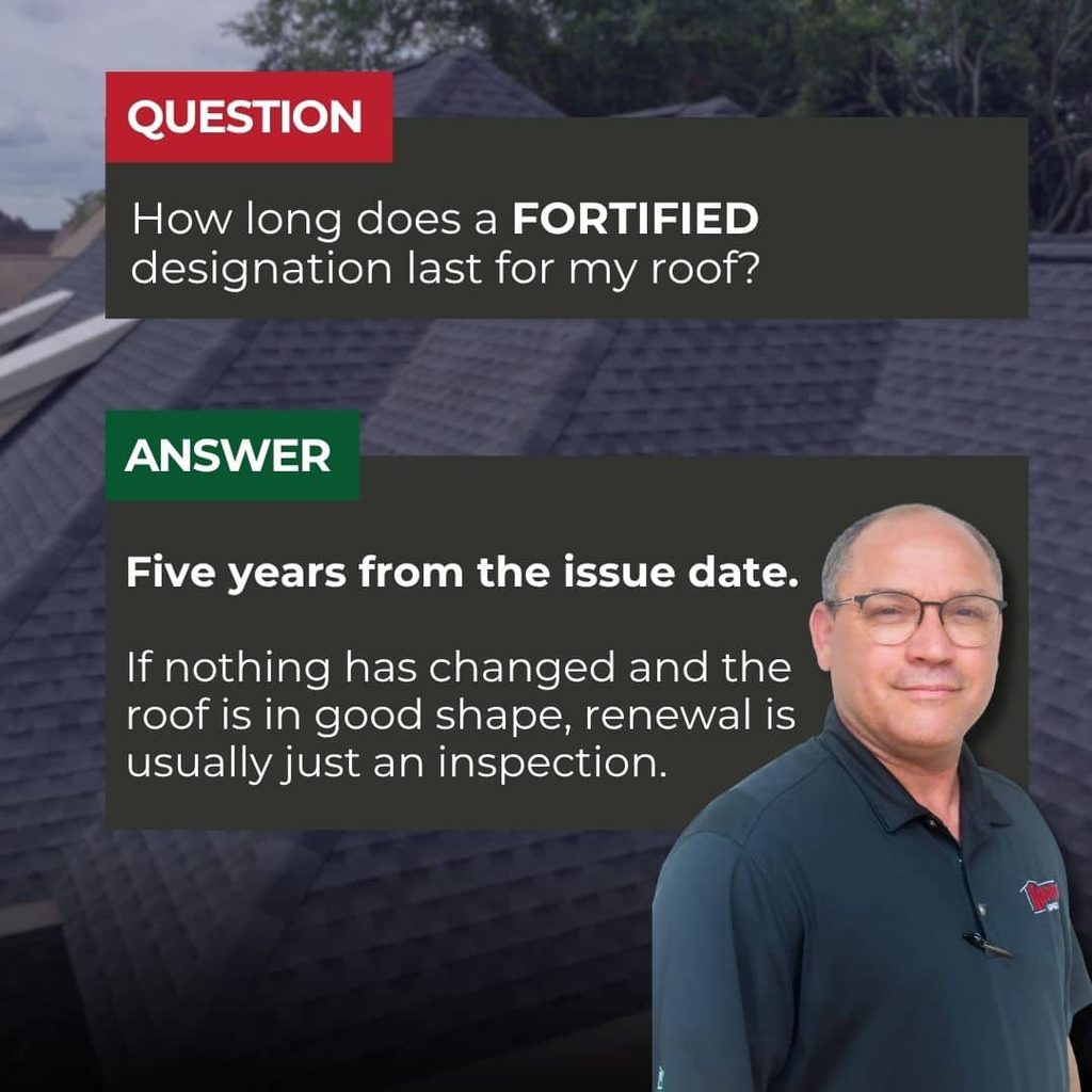 A FORTIFIED roof designation lasts five years from the issue date, with renewal usually requiring only an inspection