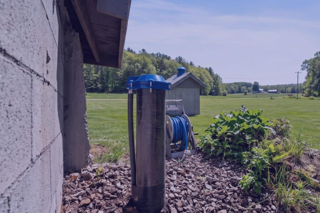 Above-grade well casing with a sealed blue well cap beside a home foundation on a rural property
