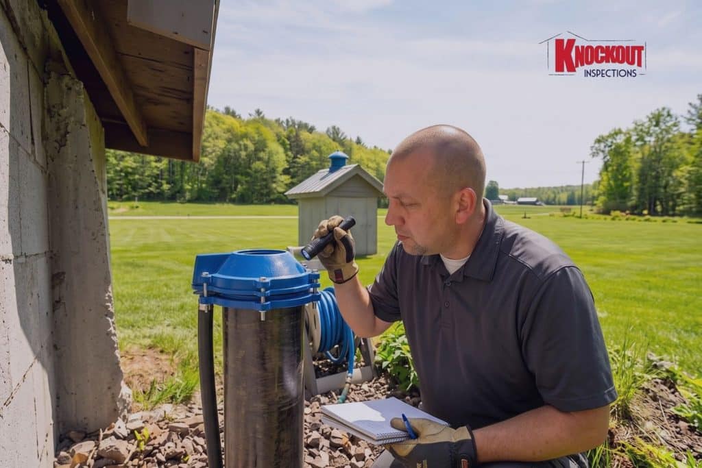 Knockout Inspections inspector examining a well cap and casing with a flashlight during a well inspection