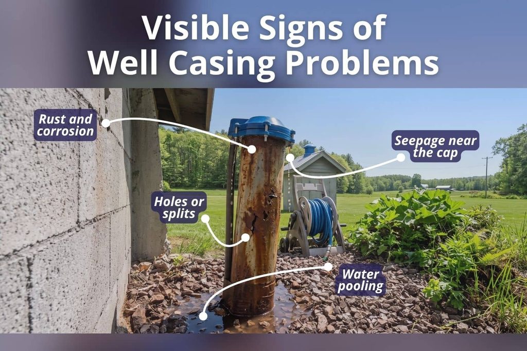 Labeled well casing showing four visible signs of well casing problems: rust and corrosion, holes or splits, seepage near the cap, and water pooling at the base